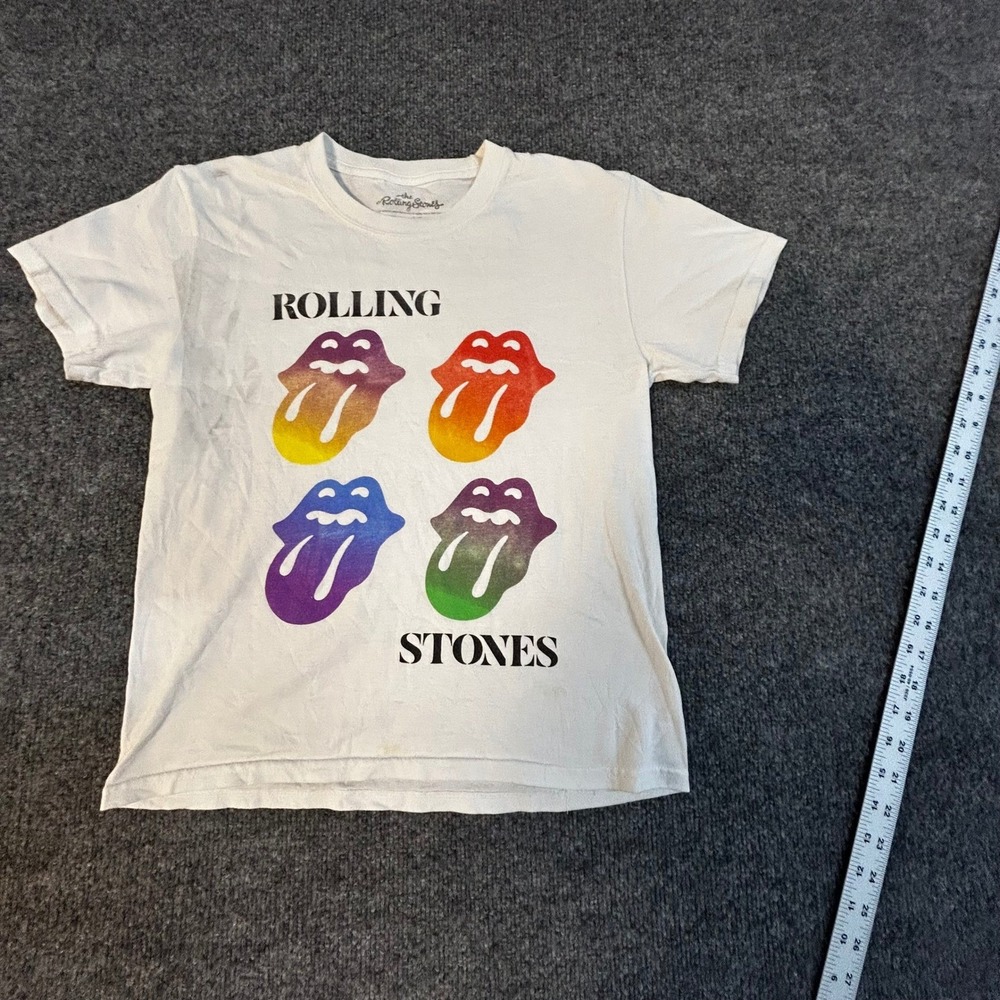 The Rolling Stones T-Shirt Womens Size M White Rainbow Tongue Logo Graphic Rock